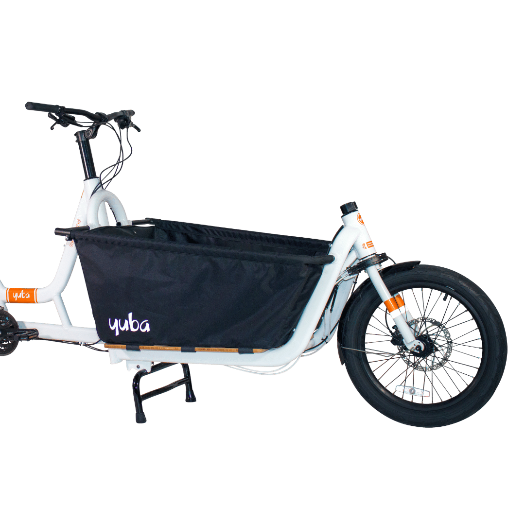 Box souple vélo cargo Yuba Open Loader montée à l’avant du Supercargo CL