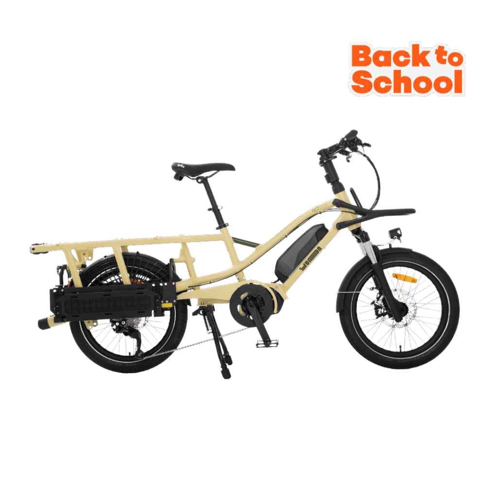 Vélo cargo compact électrique Yuba FastRack couleur Latte, version Regular